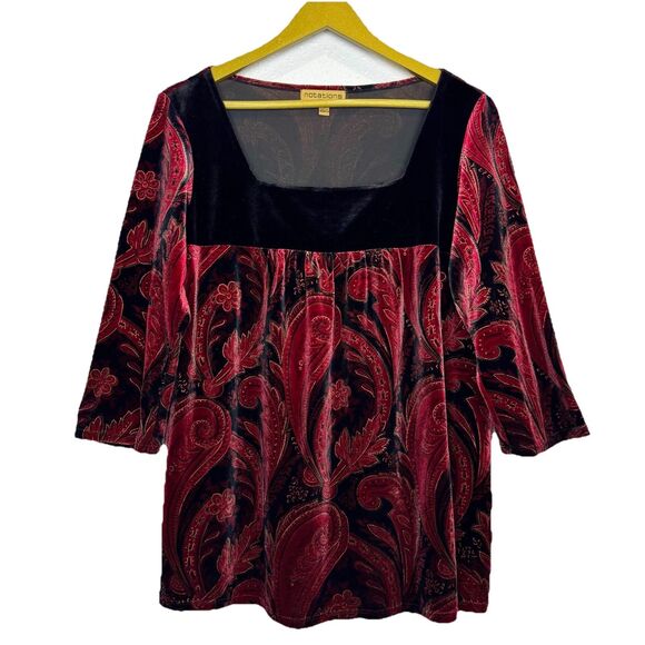 Y2K Vintage Velvet Floral Paisley Top 1X Red Black Grunge Vamp Witchy Whimsigoth - Picture 1 of 5